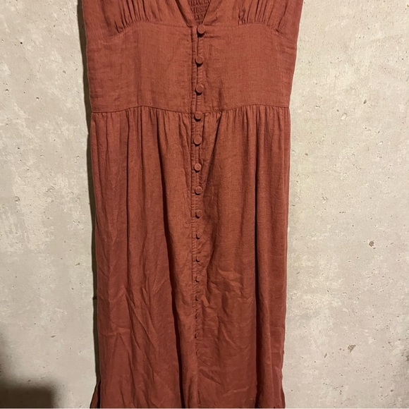 Abercrombie & Fitch Orange Linen Dress S Buttons Plunge Neck Smocked Boho Maxi - Picture 4 of 10